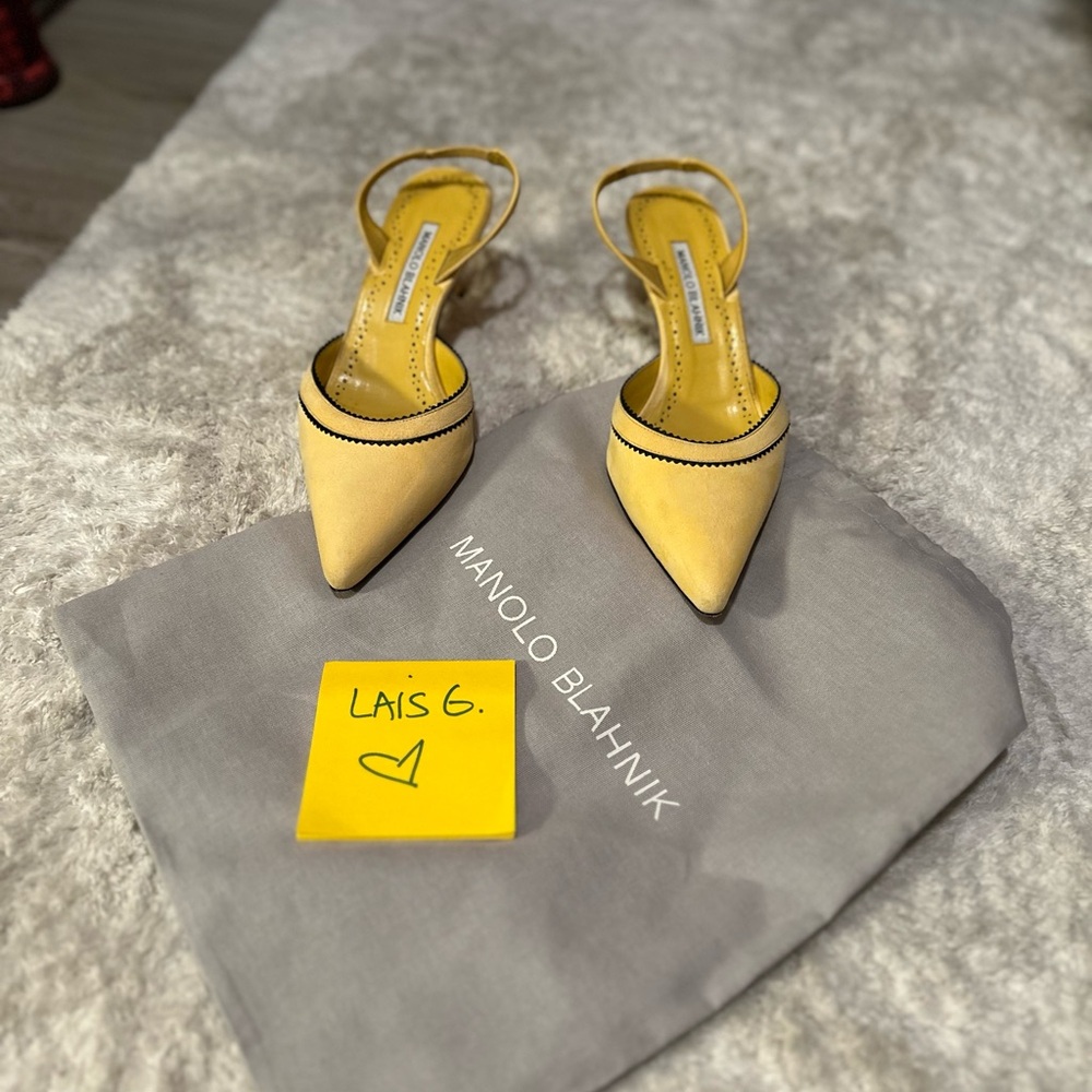 Manolo Blahnik Brontiasli Yellow Pointed-Toe Slingback Suede Pumps